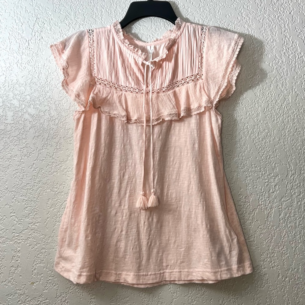 Anthropologie Pink Tassel Lace Bohemian Short sleeves Blouse Casual Tops